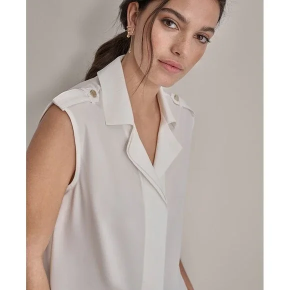 DKNY Women's Extended-Shoulder Camp Buttoned epaulets Blouse Top Ivory PXL - Picture 5 of 8